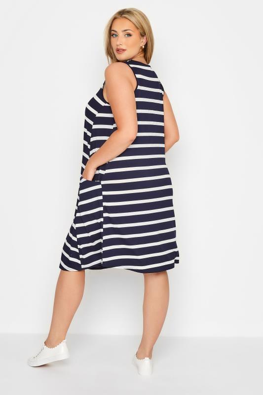 Curve Navy Blue Stripe Sleeveless Drape Pocket Midi Dress 3