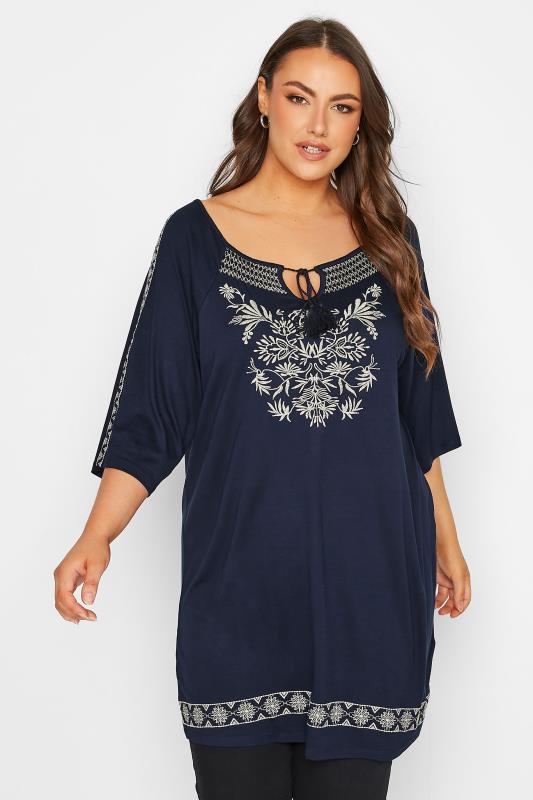 Plus Size Navy Blue Embroidered Tie Neck Top | Yours Clothing 1
