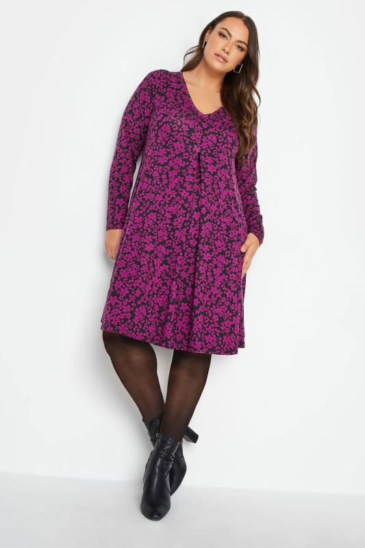  Tallas Grandes YOURS Curve Black & Purple Floral Mini Dress