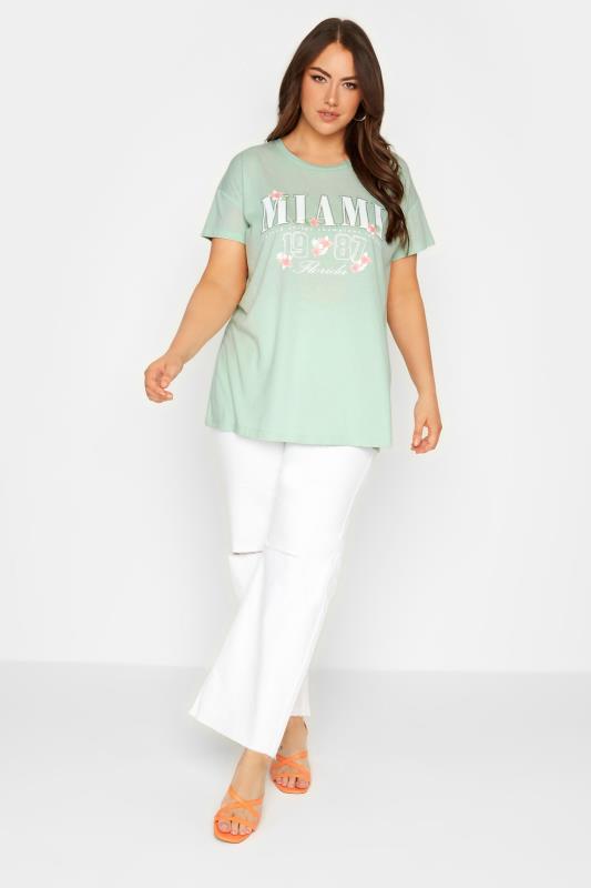 YOURS Plus Size Green 'Miami' Print Varsity T-Shirt | Yours Clothing 3