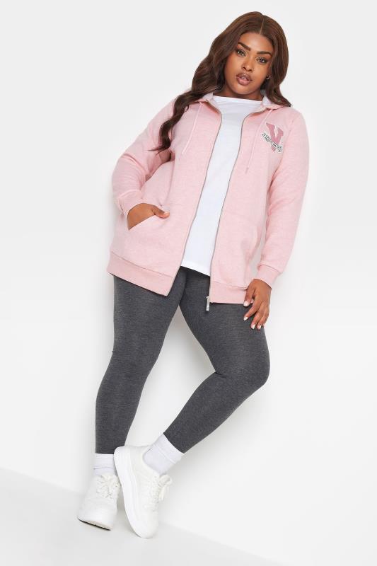 YOURS Curve Pink Embroidered Zip Through Marl Hoodie | Yours Clothing 2