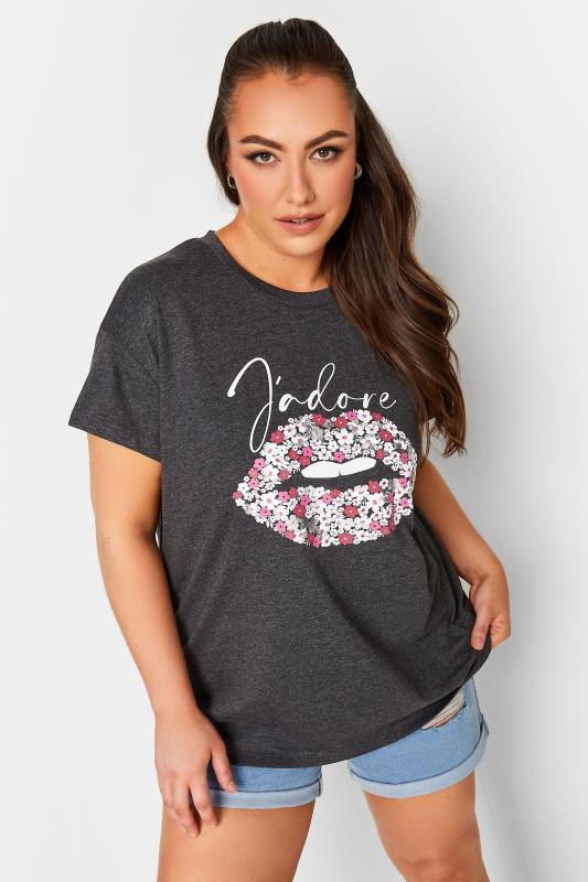 YOURS Plus Size Charcoal Grey 'J'adore' Lips Foil Print T-Shirt | Yours Clothing  2