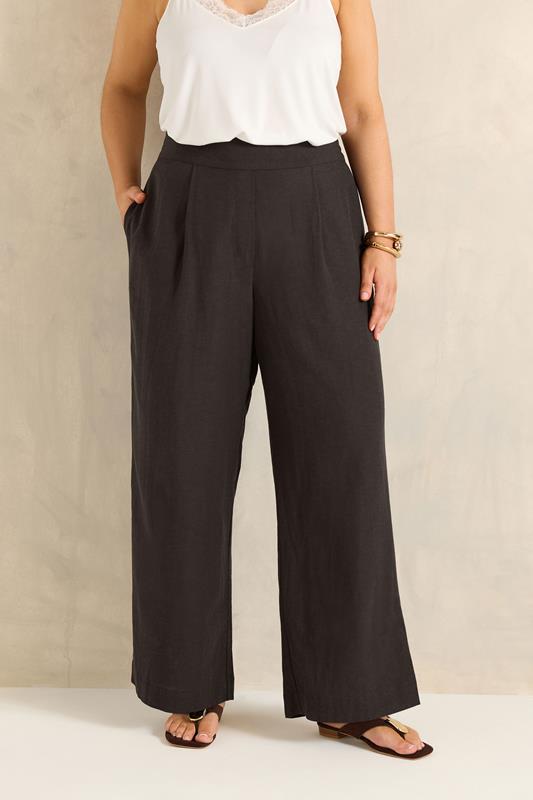 EVANS Plus Size Chocolate Brown Tailored Linen Trousers | Evans 2