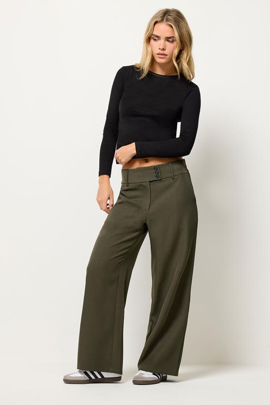  PixieGirl Petite pantalones de pierna ancha con detalle de solapa con botón verde oliva