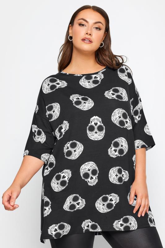 Plus Size  YOURS Curve Black Skull Print Halloween T-Shirt