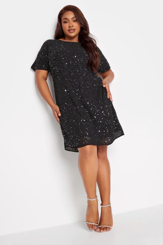 Plus Size LUXE Curve Black Sequin Hand Embellished Cold Shoulder Cape Dress | Yours Clothing 1