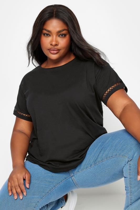 LIMITED COLLECTION Plus Size Black Crochet Trim Short Sleeve T-Shirt | Yours Clothing 4