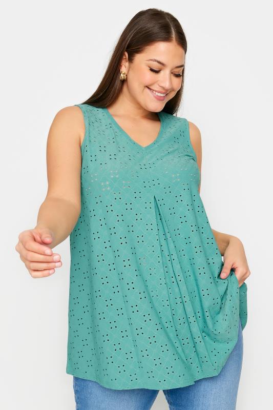 YOURS Plus Size Blue Broderie Anglaise Swing Vest Top | Yours Clothing 1