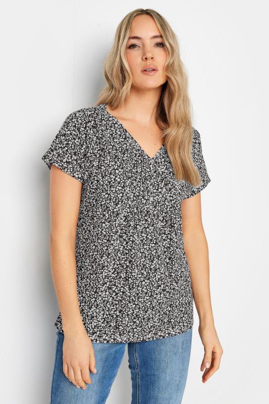  Grande Taille LTS Tall Black Ditsy Floral Print Cotton Henley T-Shirt