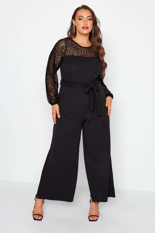 YOURS LONDON Plus Size Black Flocked Leopard Print Jumpsuit | Yours Clothing 2