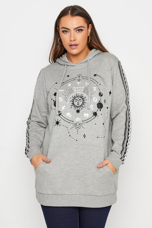 Plus Size Grey Zodiac Graphic Print Embroidered Hoodie | Yours Clothing 1