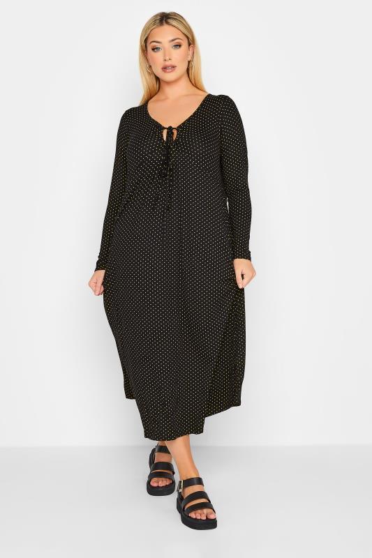 LIMITED COLLECTION Plus Size Black Polka Dot Keyhole Tie Neck Midaxi Dress | Yours Clothing 1
