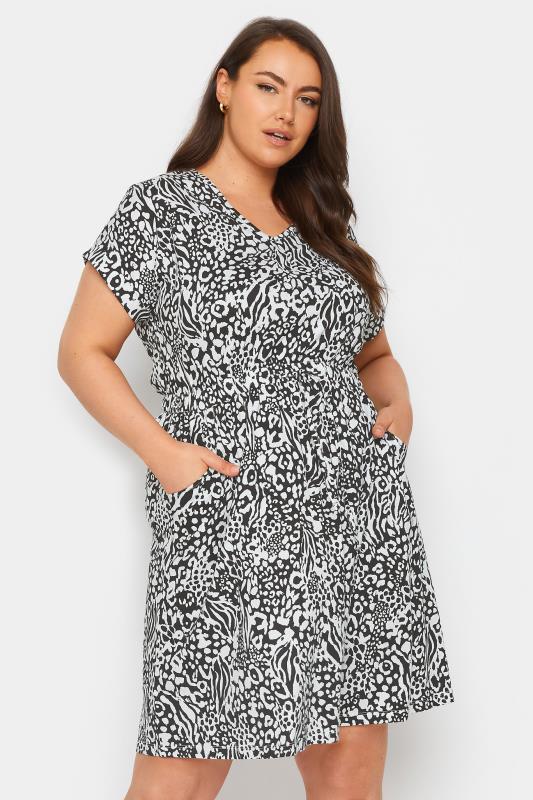 YOURS Plus Size Black & White Animal Print Cotton T-Shirt Dress | Yours Clothing 1