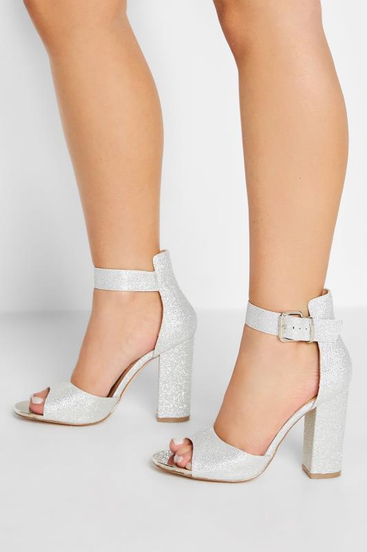 PixieGirl Silver Diamante Ankle Strap High Block Heels In Standard Fit | PixieGirl 1