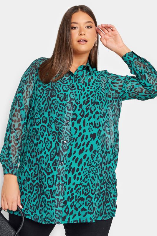 YOURS LONDON Plus Size Green Leopard Print Boyfriend Shirt | Yours Clothing 1