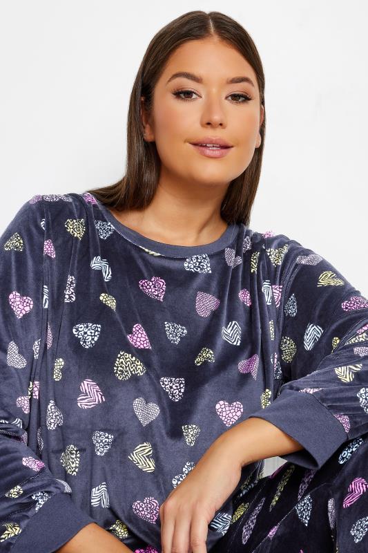 YOURS Plus Size Blue Heart Print Velour Lounge Set | Yours Clothing 4