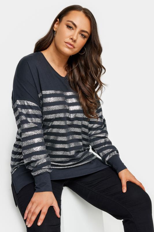 YOURS LUXURY Navy Blue Metallic Wide Stripe Top | Yours Clothing 3