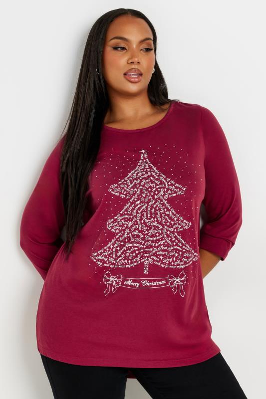 YOURS Plus Size Burgundy Red Christmas Tree Slogan Top | Yours Clothing  1