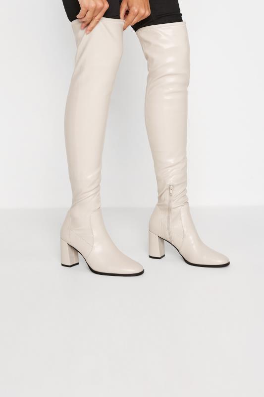 Tall  LTS Cream Heeled Over The Knee Boots In Standard D Fit