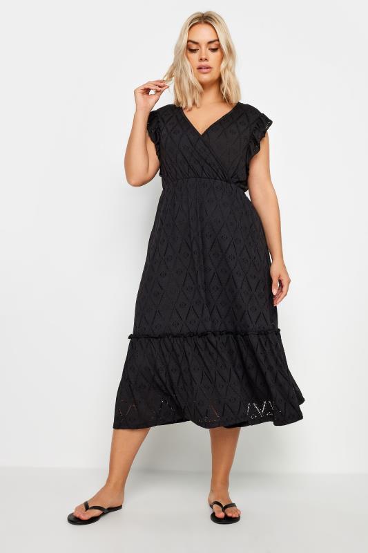 YOURS Plus Size Black Broderie Anglaise Midaxi Dress | Yours Clothing 2