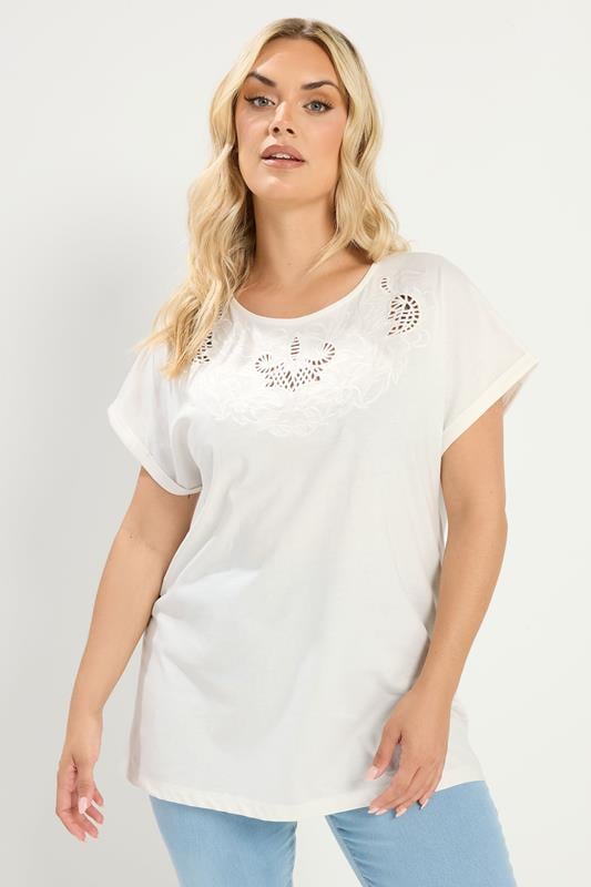  YOURS Curve White Broderie Anglaise Grown On Sleeve T-Shirt