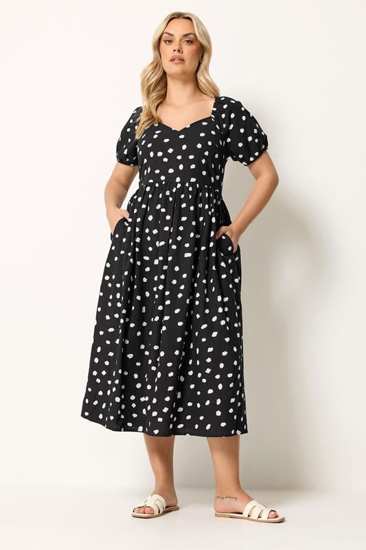 YOURS Plus Size Black Polka Dot Puff Sleeve Linen Dress | Yours Clothing