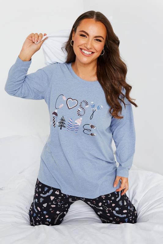 Plus Size  Curve Blue 'Cosy Time' Christmas Print Pyjama Set