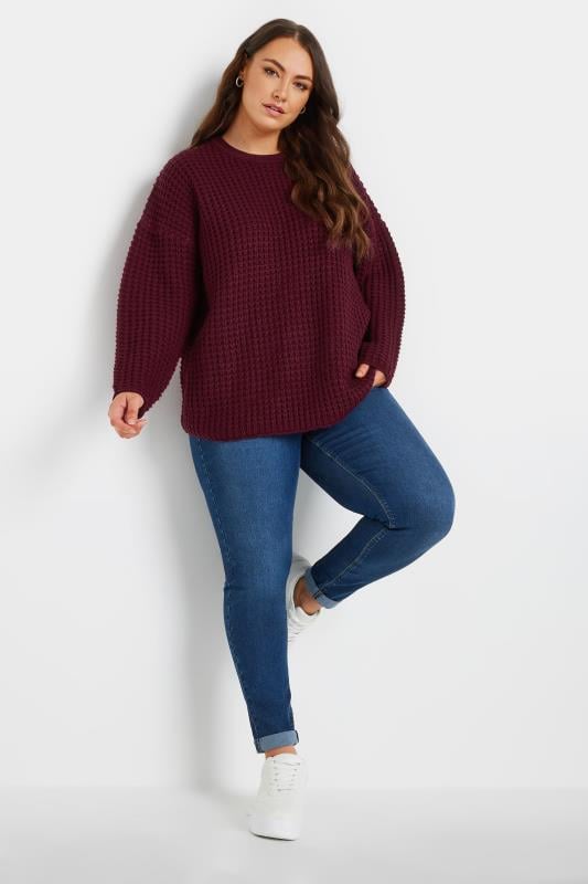 YOURS Curve Burgundy Red Waffle Knit Jumper | Yours Clothing 3