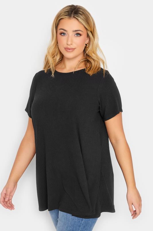 Plus Size Black Ribbed Swing Top | Yours Clothing 1