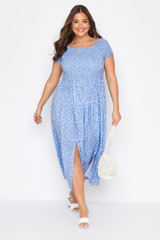  Curve Blue Ditsy Print Bardot Maxi Dress