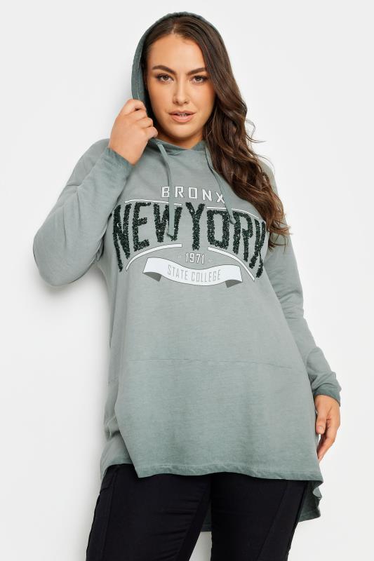 YOURS Plus Size Grey 'New York' Slogan Acid Wash Hoodie | Yours Clothing 4