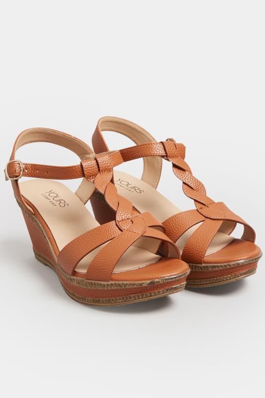Brown Cross Strap Wedge Heels In Extra Wide EEE Fit | Yours Clothing  2