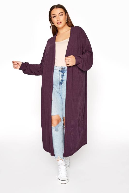 LIMITED COLLECTION Curve Plum Purple Ribbed Maxi Cardigan 2