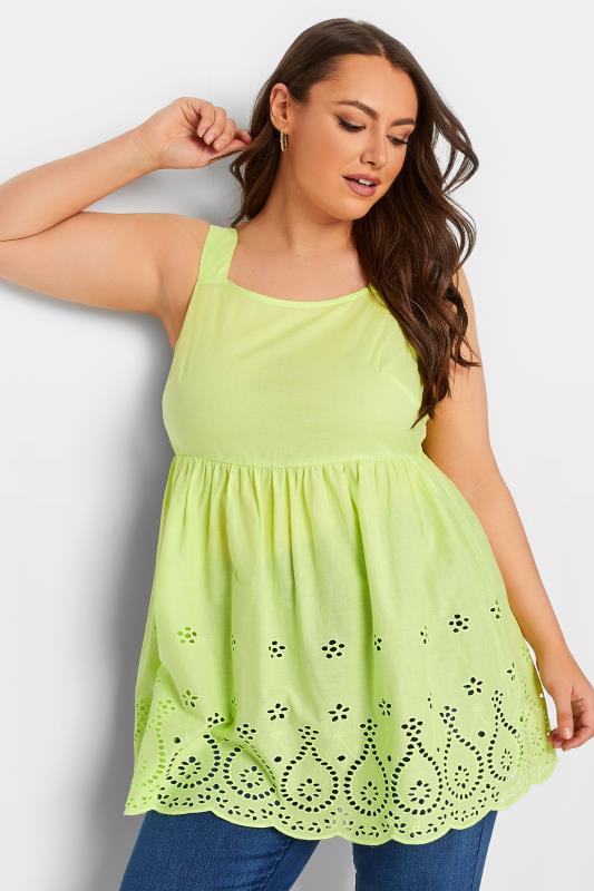 YOURS Plus Size Lime Green Broderie Anglaise Vest Top | Yours Clothing 1