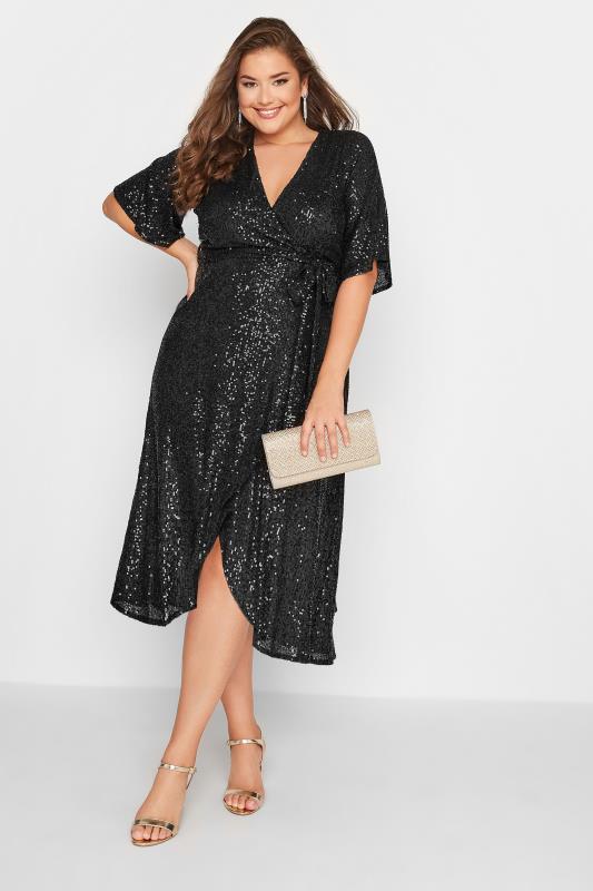  Grande Taille YOURS LONDON Curve Black Sequin Embellished Double Wrap Dress