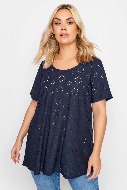  YOURS Curve Navy Blue Broderie Anglaise T-Shirt