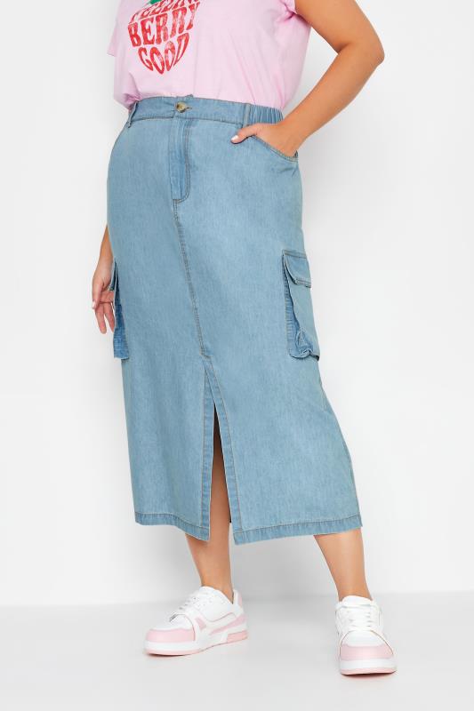 Plus Size  YOURS Curve Blue Split Hem Denim Midi Skirt