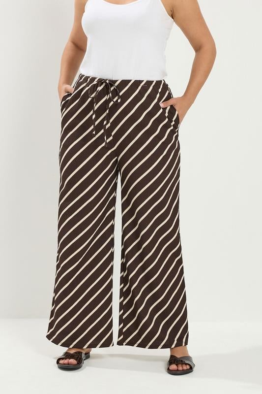  YOURS Curve Brown Striped Crinkle Wide Leg Trousers