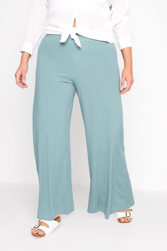 Curve Blue Ribbed Wide Leg Trousers 2