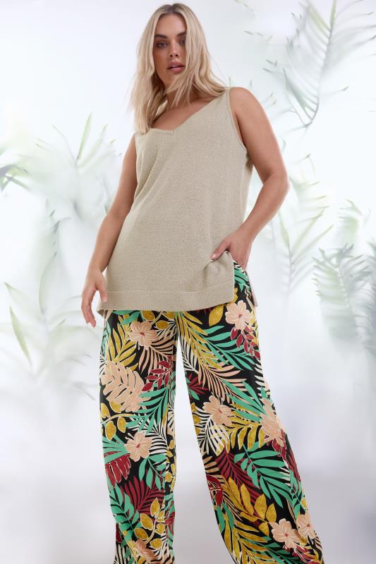 YOURS Plus Size Black Tropical Print Wide Leg Trousers | Yours Clothing 1