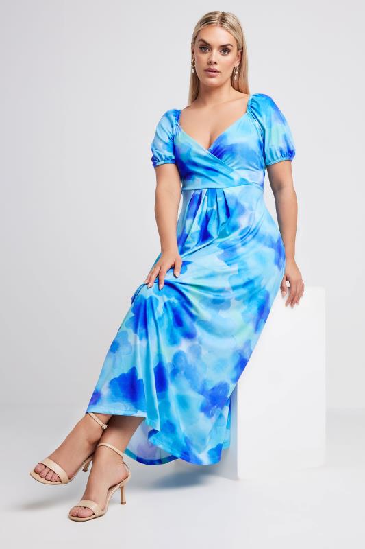 LIMITED COLLECTION Plus Size Blue Blur Floral Print Wrap Maxi Dress | Yours Clothing 1
