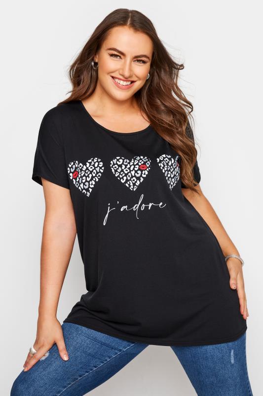  Tallas Grandes Curve Black Leopard Heart Graphic T-Shirt