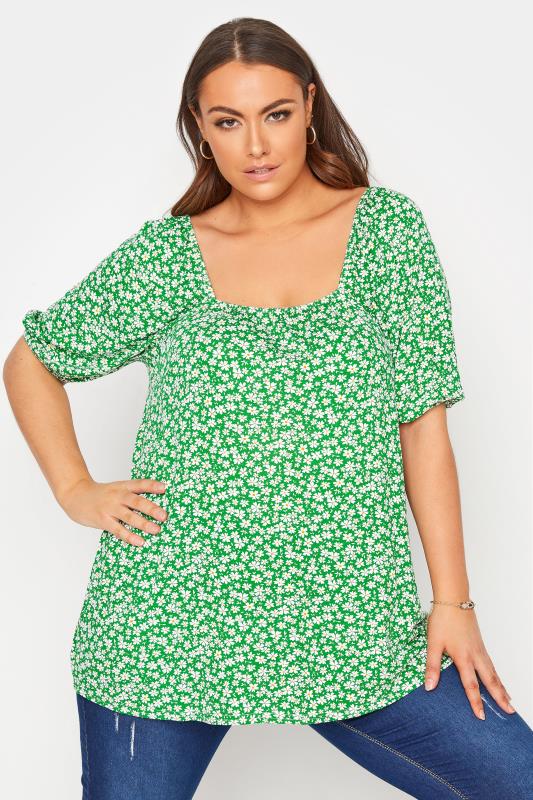  Grande Taille LIMITED COLLECTION Curve Bright Green Daisy Print Square Neck Top