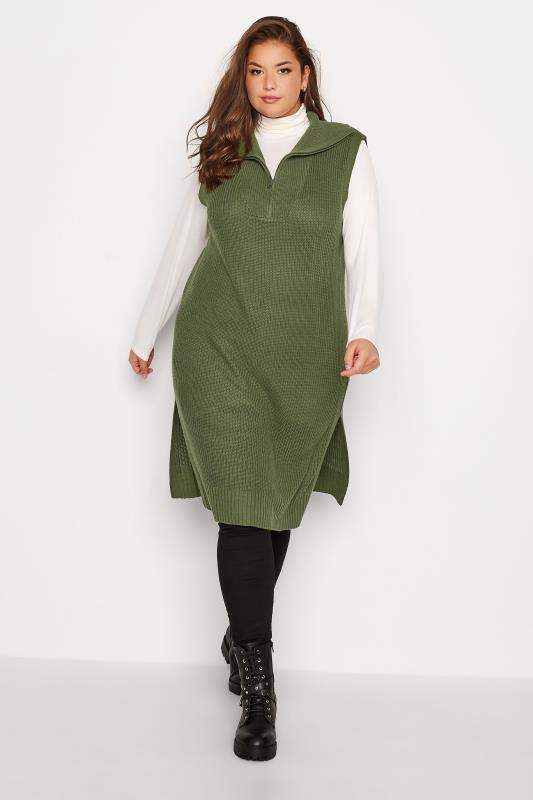 Plus Size Khaki Green Zip Neck Longline Vest Top | Yours Clothing 2