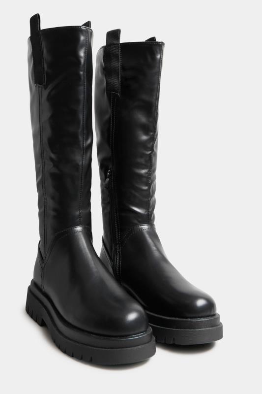 PixieGirl Black Pull On Knee High Boots In Standard D Fit | PixieGirl 2