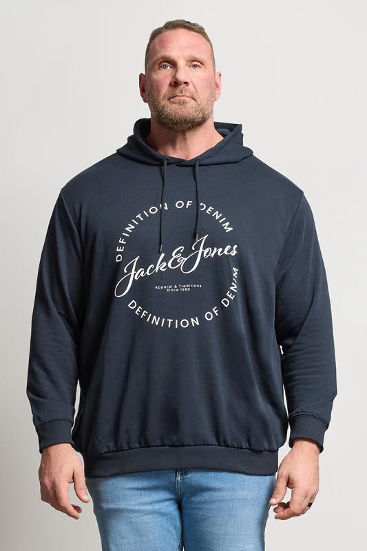 JACK & JONES Big & Tall Navy Blue Circle Logo Printed Hoodie | BadRhino 1