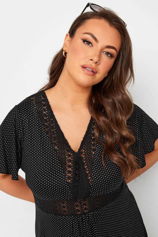 YOURS Plus Size Black Polka Dot Print Lace Detail Dress | Yours Clothing 4