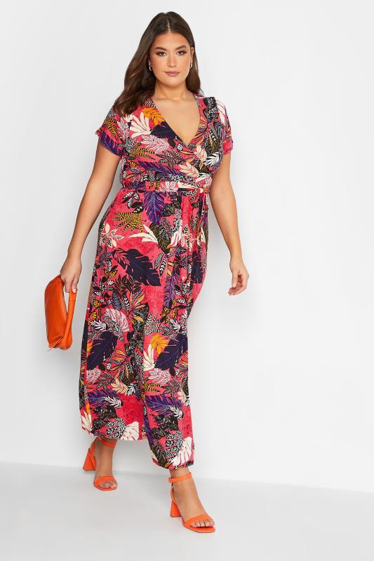  Grande Taille YOURS Curve Hot Pink Leaf Print Wrap Maxi Dress