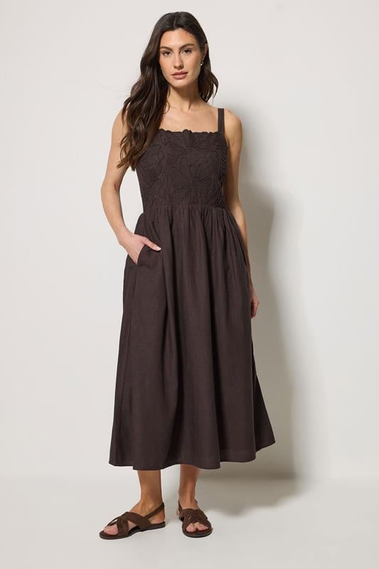 M&Co Chocolate Brown Linen Embroidered Trim Maxi Dress | M&Co 1