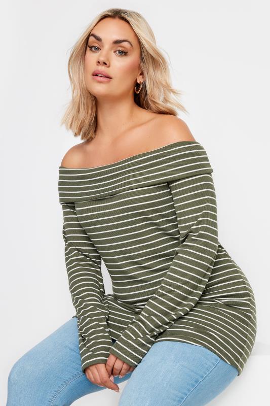 YOURS Plus Size Green Stripe Long Sleeve Bardot Top | Yours Clothing 1